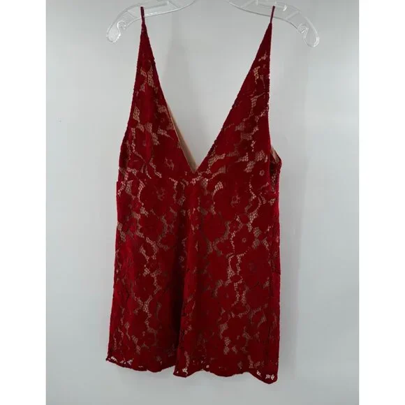 NWOT- Free People Dangerous LoveRed Lace Sleeveless Plunge Mini Dress - Size 8